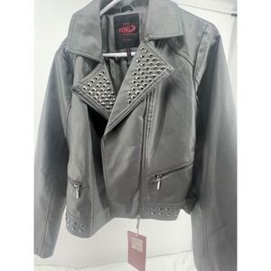 YOKI New York Studded Motorcycle Jacket Charcoal Gray Faux Leather Size L